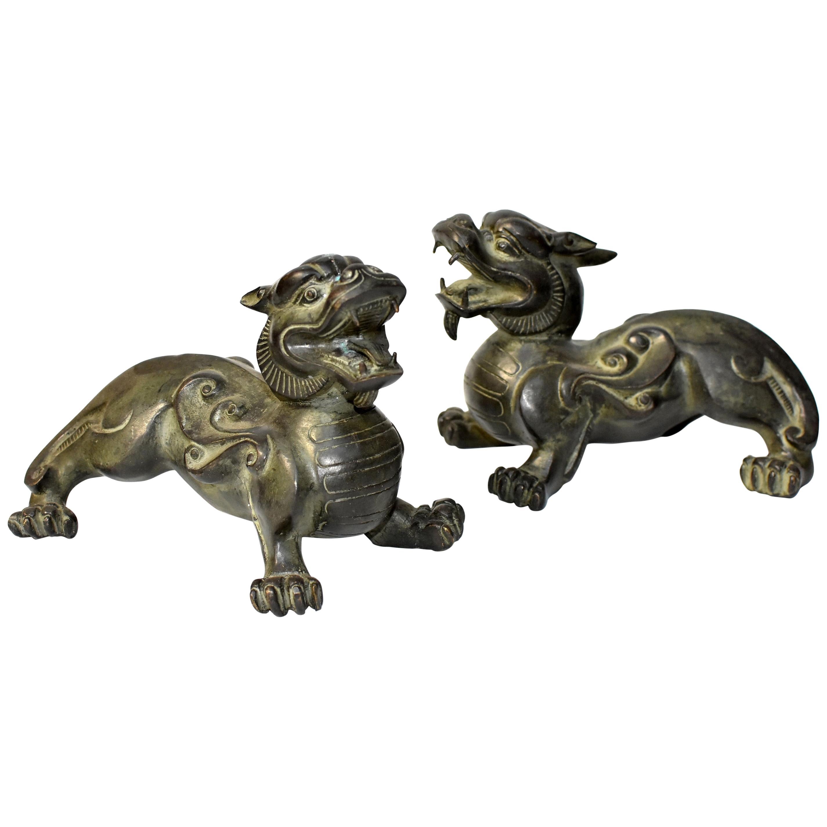 Pair of Large Bronze Pixiu Lions with Turtle Shells Paperweights