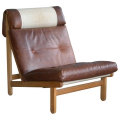 Danish "Rag" Easy Lounge Chair in Oak and Leather by Bernt Petersen