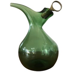 Vintage Mid-20th Century Modern Hand Blown Green Art Glass Decanter Carafe 
