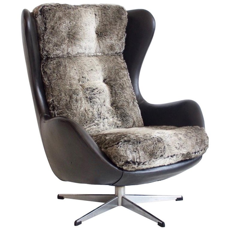 Danish Black Leather And Faux Fur Swivel Armchair