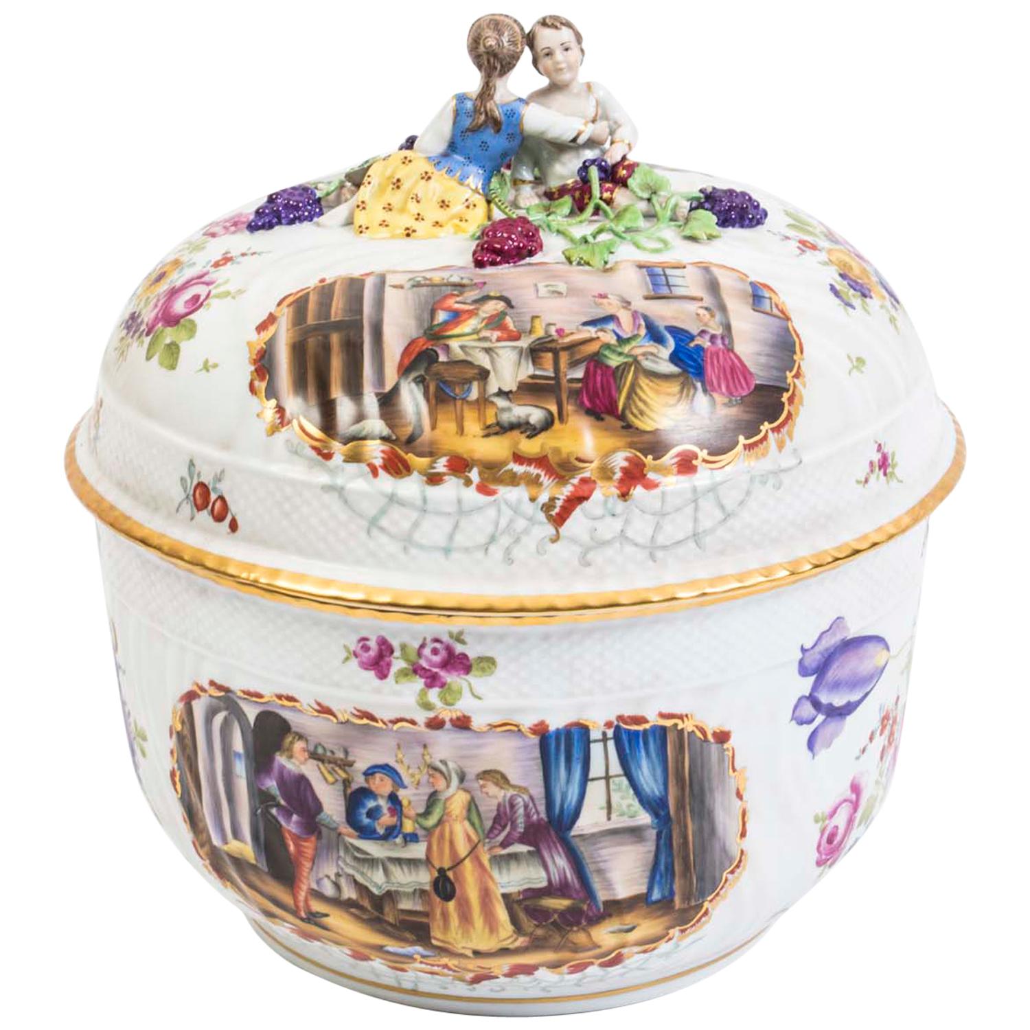 Dresden Style Hand Painted Porcelain Tureen For Sale