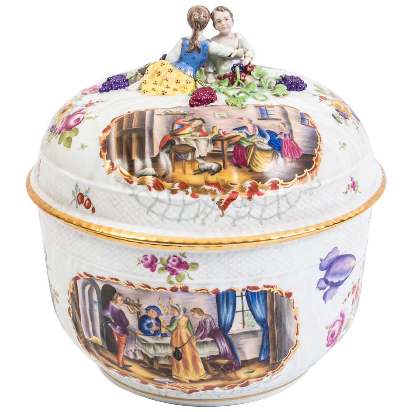 Dresden Style Hand Painted Porcelain Tureen For Sale at 1stDibs