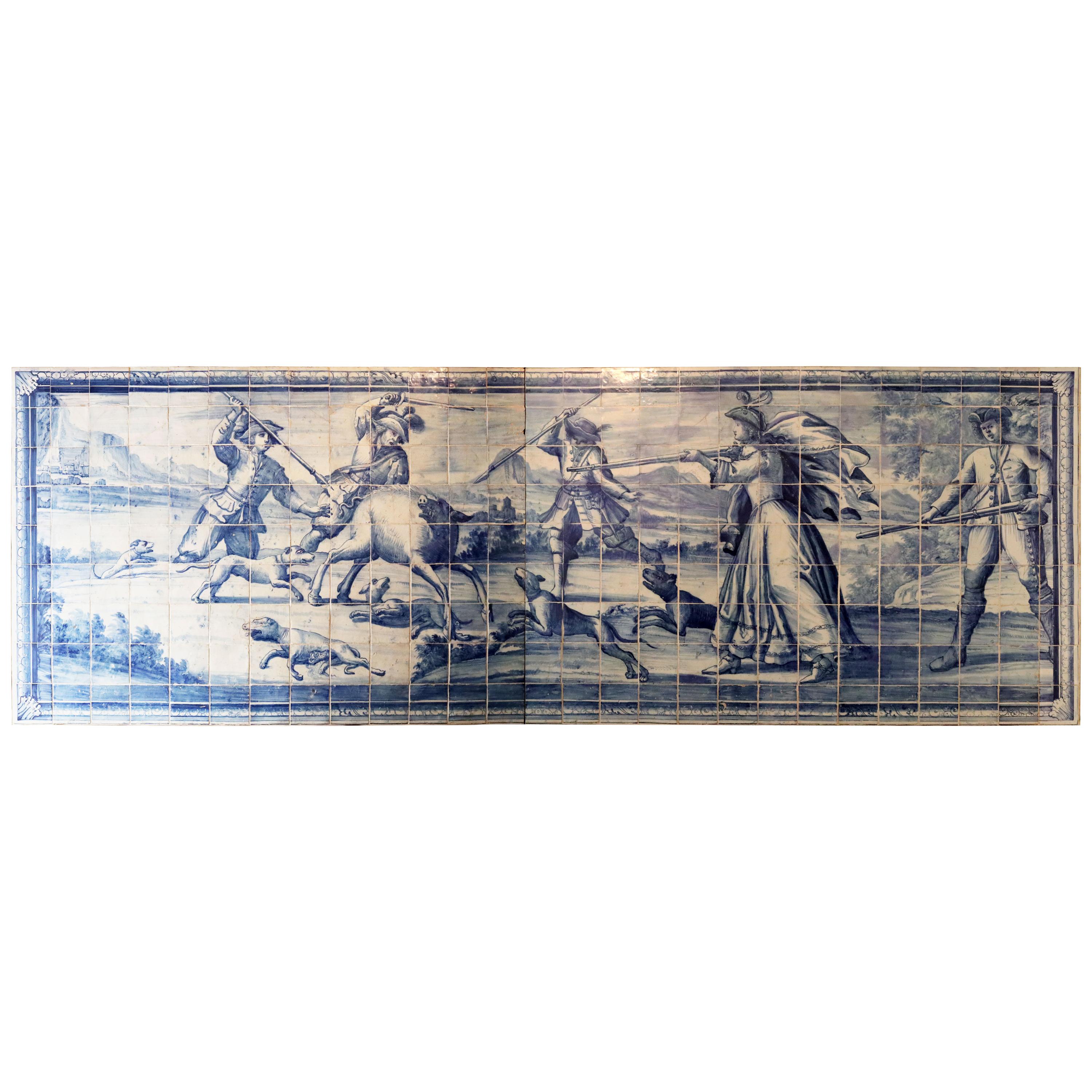 18th Century Portuguese Hunting Scene Panel in Blue and White Glazed Ceramic