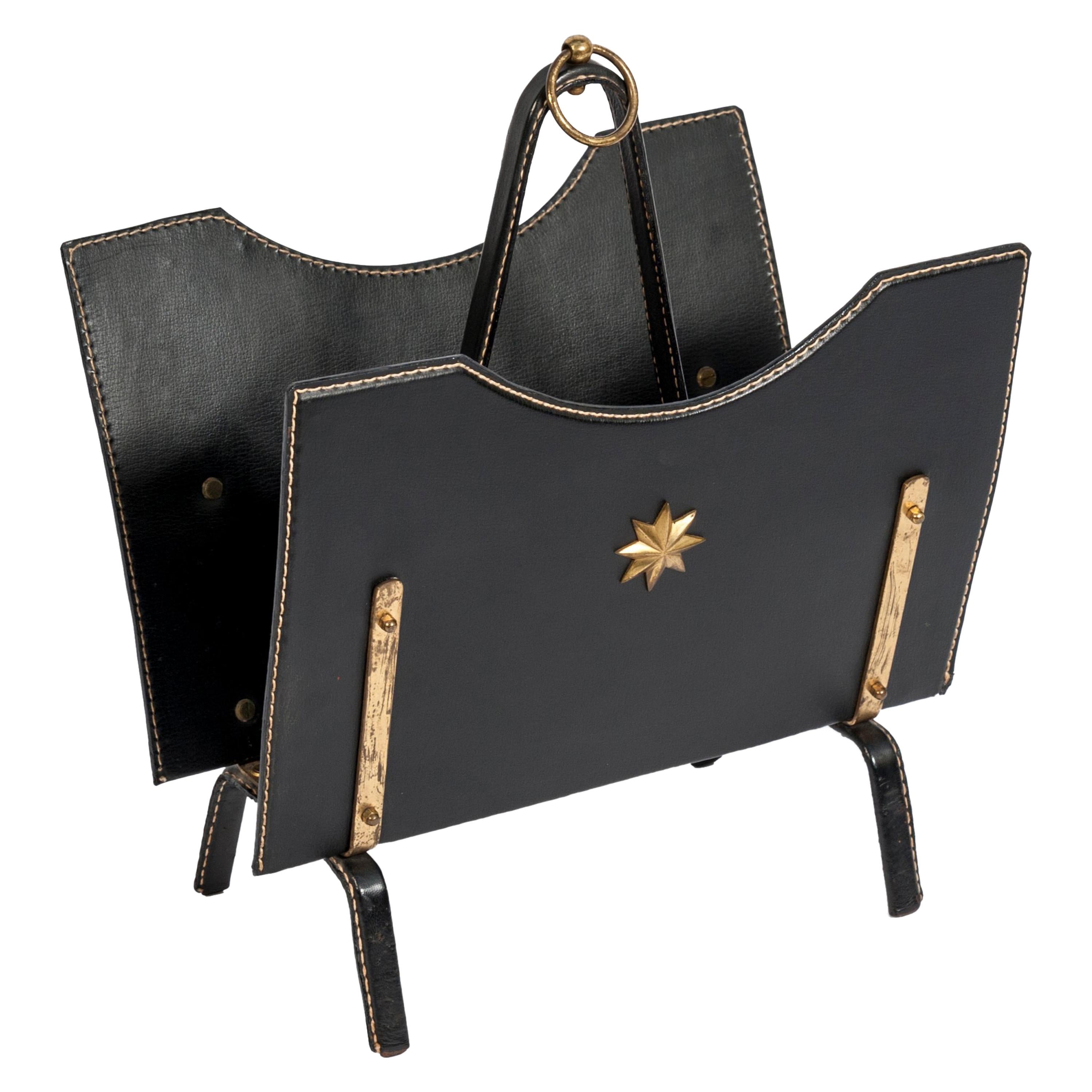 Stitched Leather Magazine Rack by Jacques Adnet For Sale