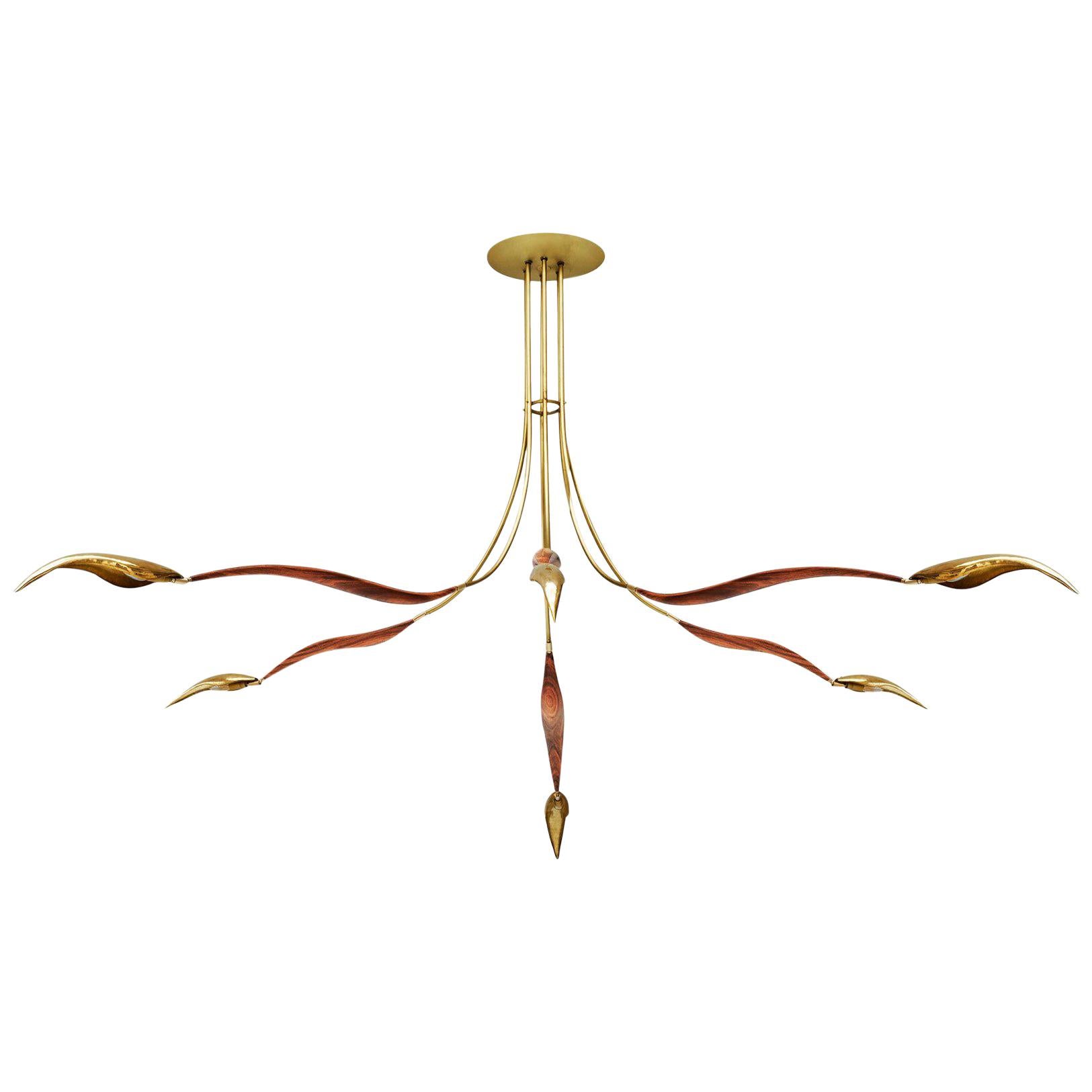 Contemporary Chrysalide Chandelier, Wood and Brass, Oma Light Design, Spain