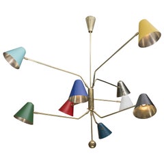 Nine Positionable Arms Chandelier with Colored Cones