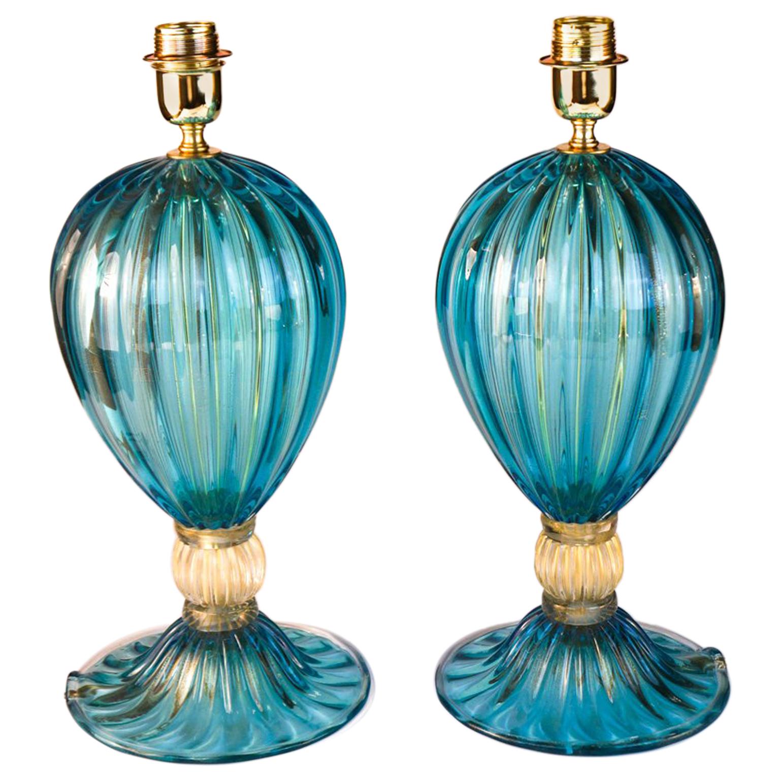 Alberto Donà Pair of Light Blue Italian Murano Glass Table Lamps Veronese, 1980s For Sale