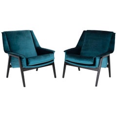 Pair of Peacock Blue Velvet and Beechwood Armchairs, 1960s