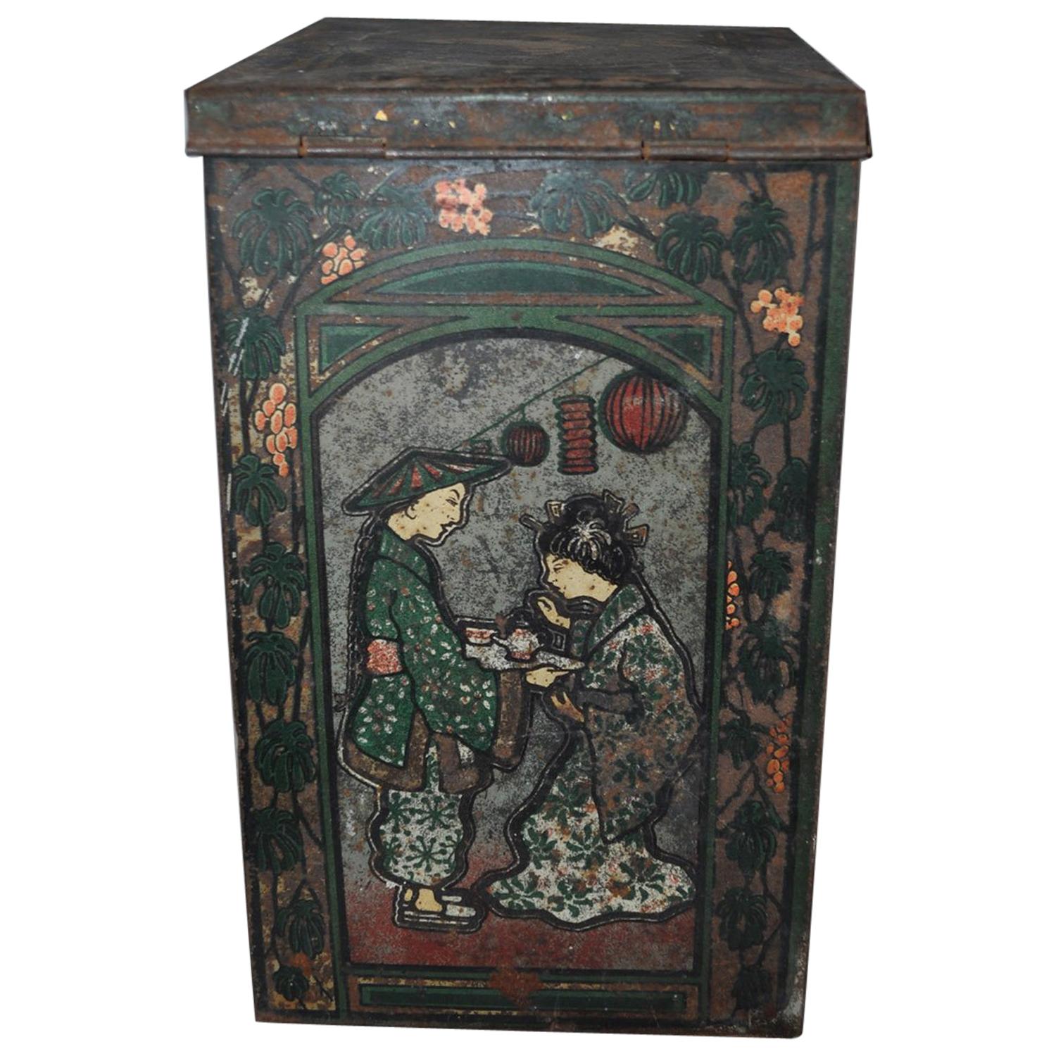 Large Tea Box, from the 1930s, Asian Tea Tin For Sale