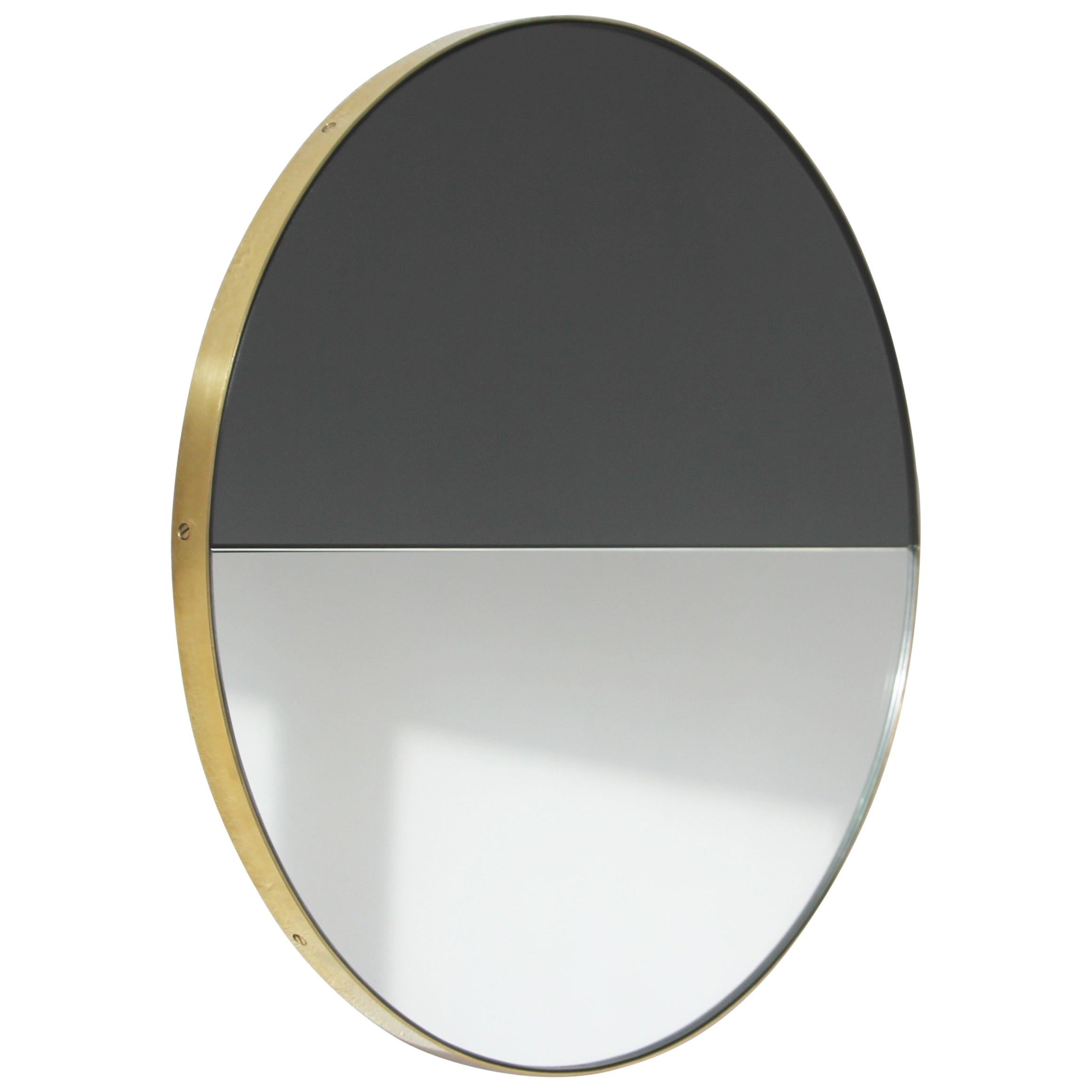 Orbis Dualis Mixed Tint Contemporary Round Mirror with Brass Frame, Regular