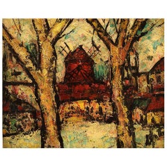 Vintage Henri Maurice D'Anty Expressionist French City Scape with Red Mill. 
