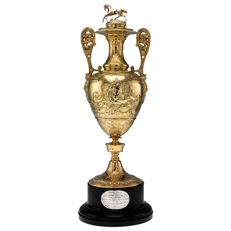 Antique Victorian Solid Silver Gilt Trophy Cup & Cover, London, circa 1865