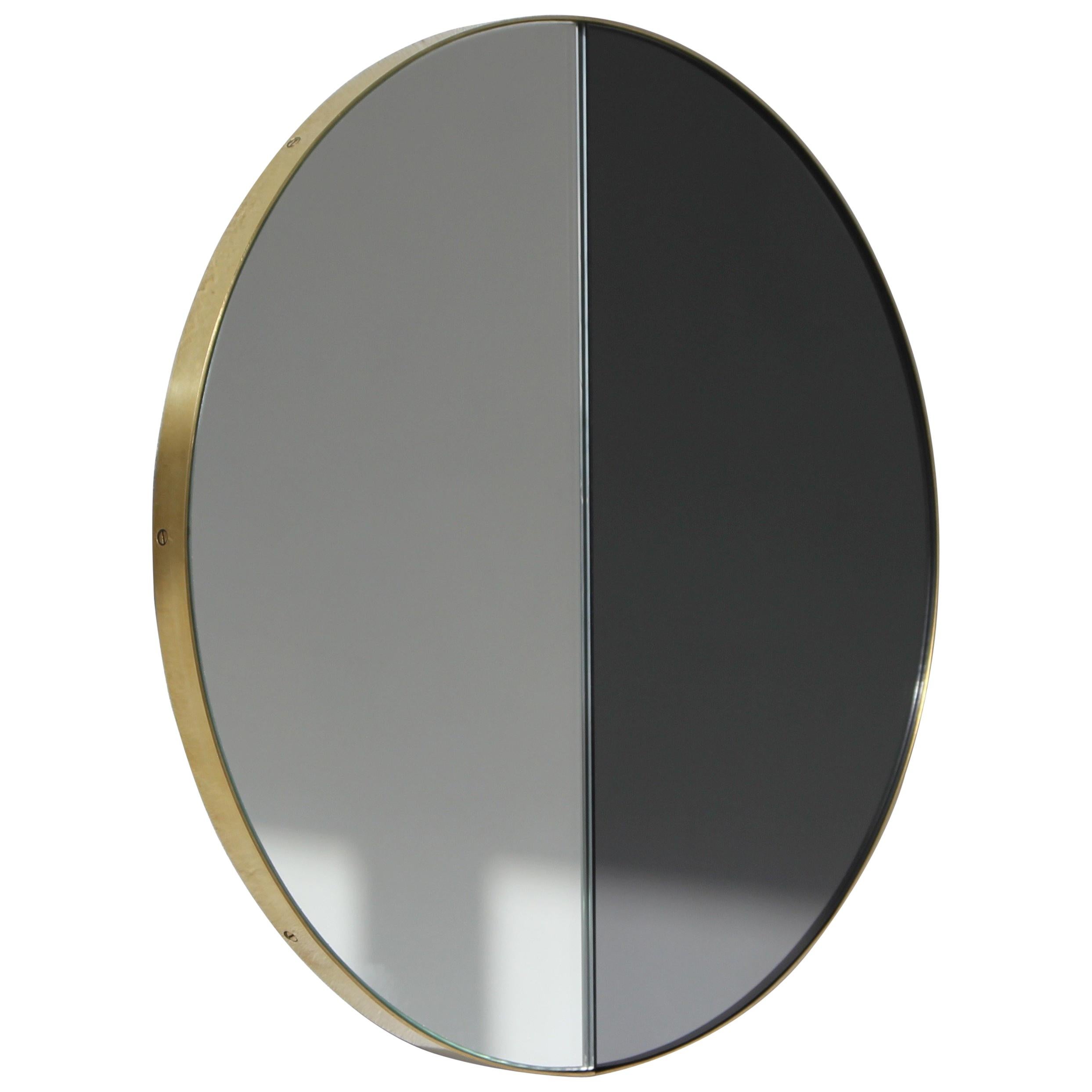 Orbis Dualis Mixed Tint Contemporary Round Mirror with Brass Frame, Medium For Sale