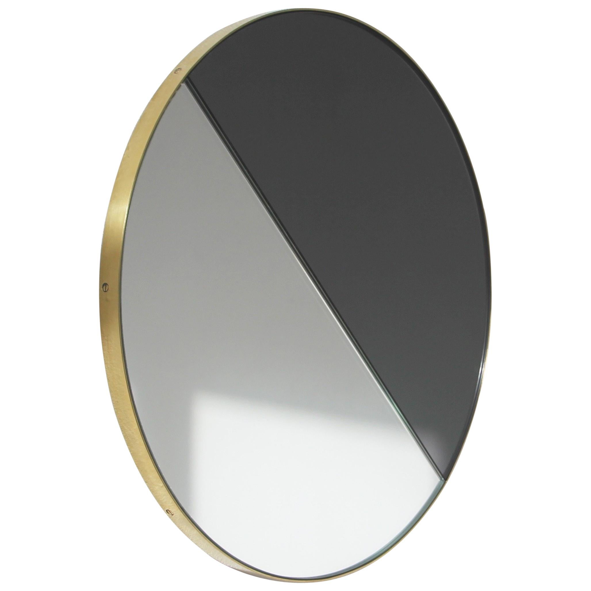 Orbis Dualis Mixed Tint Contemporary Round Mirror with Brass Frame, Large For Sale