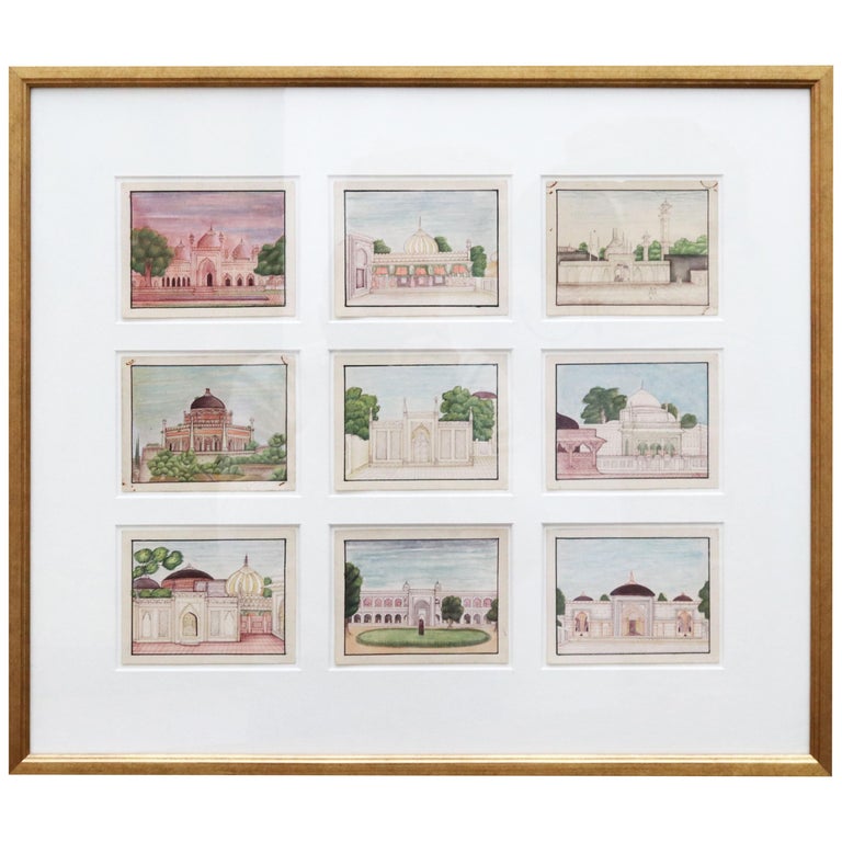 1950s Framed Collage Painting Composed of 9 Small Hand Drawn Indian Palaces For Sale