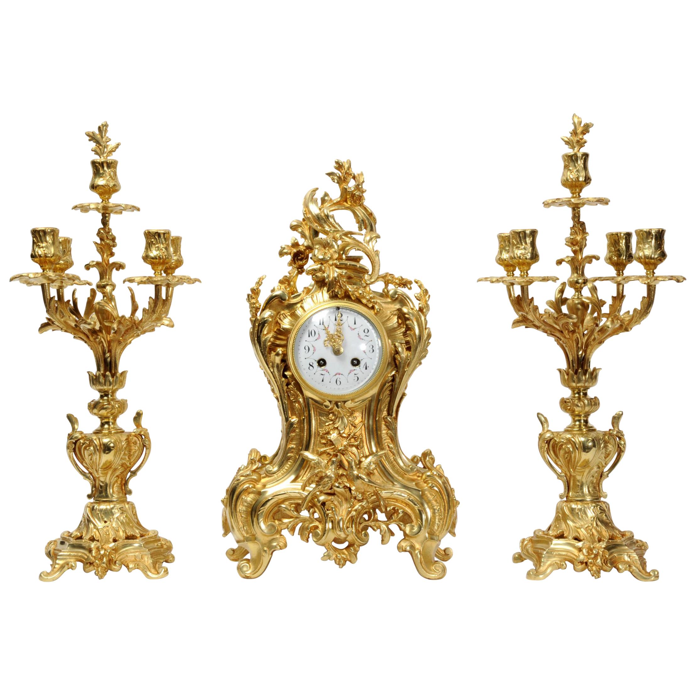 Japy Freres Large Antique French Rococo Gilt Bronze Clock Set