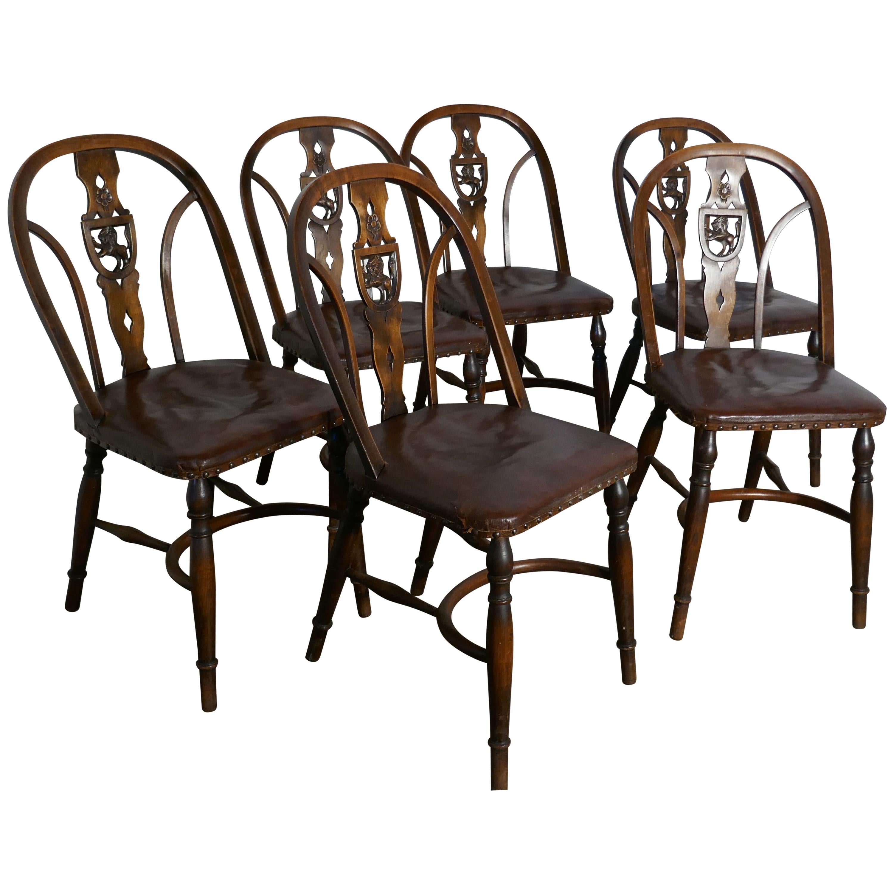 Set of 6 Arts & Crafts Gothic Heraldic Lion Back Windsor Chairs