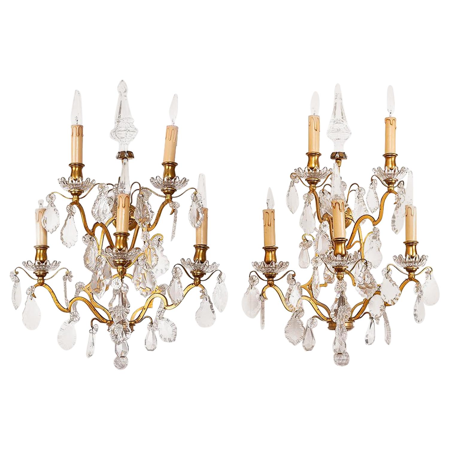 Pair of Louis XV Style Wall Sconces in Gilt Bronze and Crystal, circa 1900