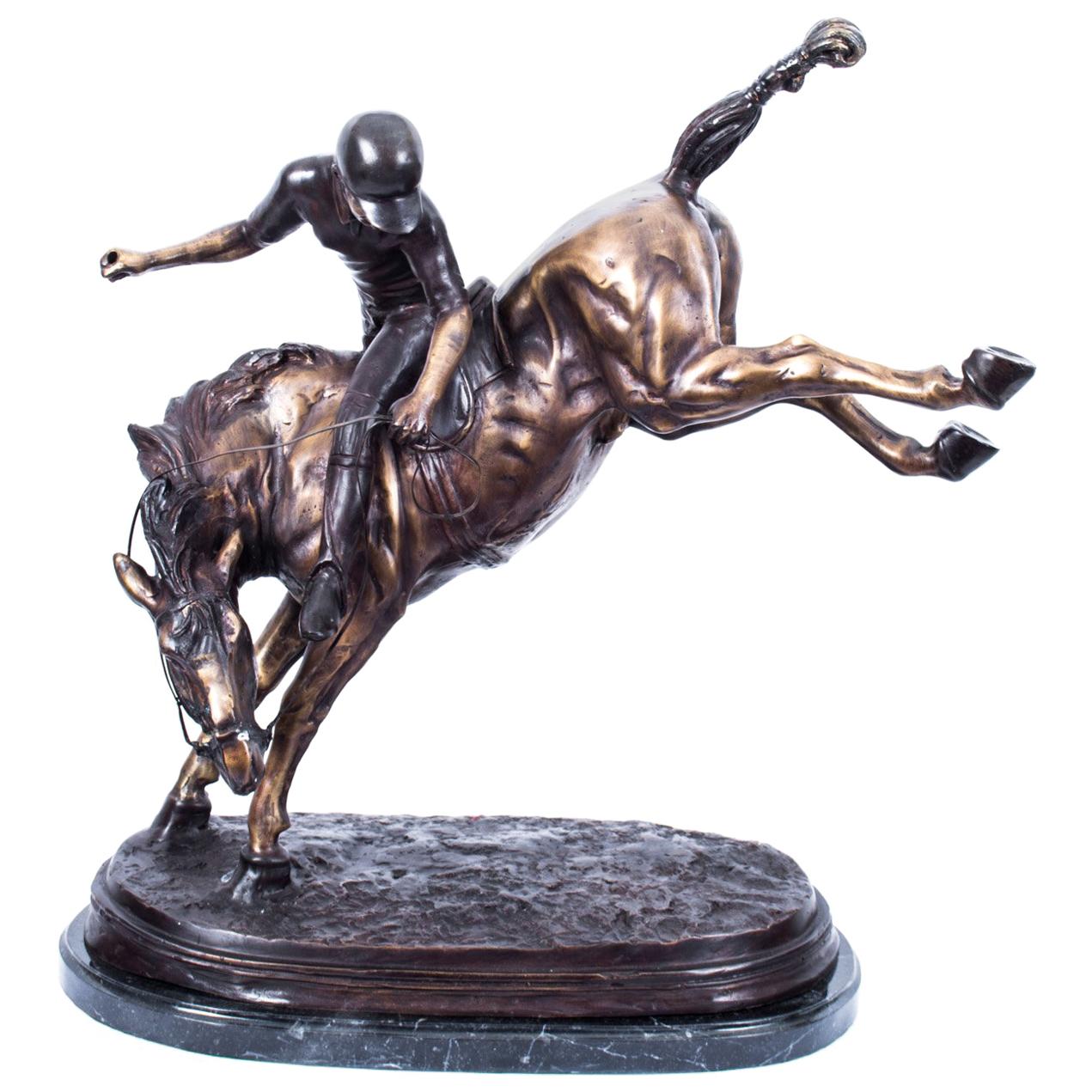 Atemberaubende Bronze Polo Spieler Bucking ein Pferd Skulptur
