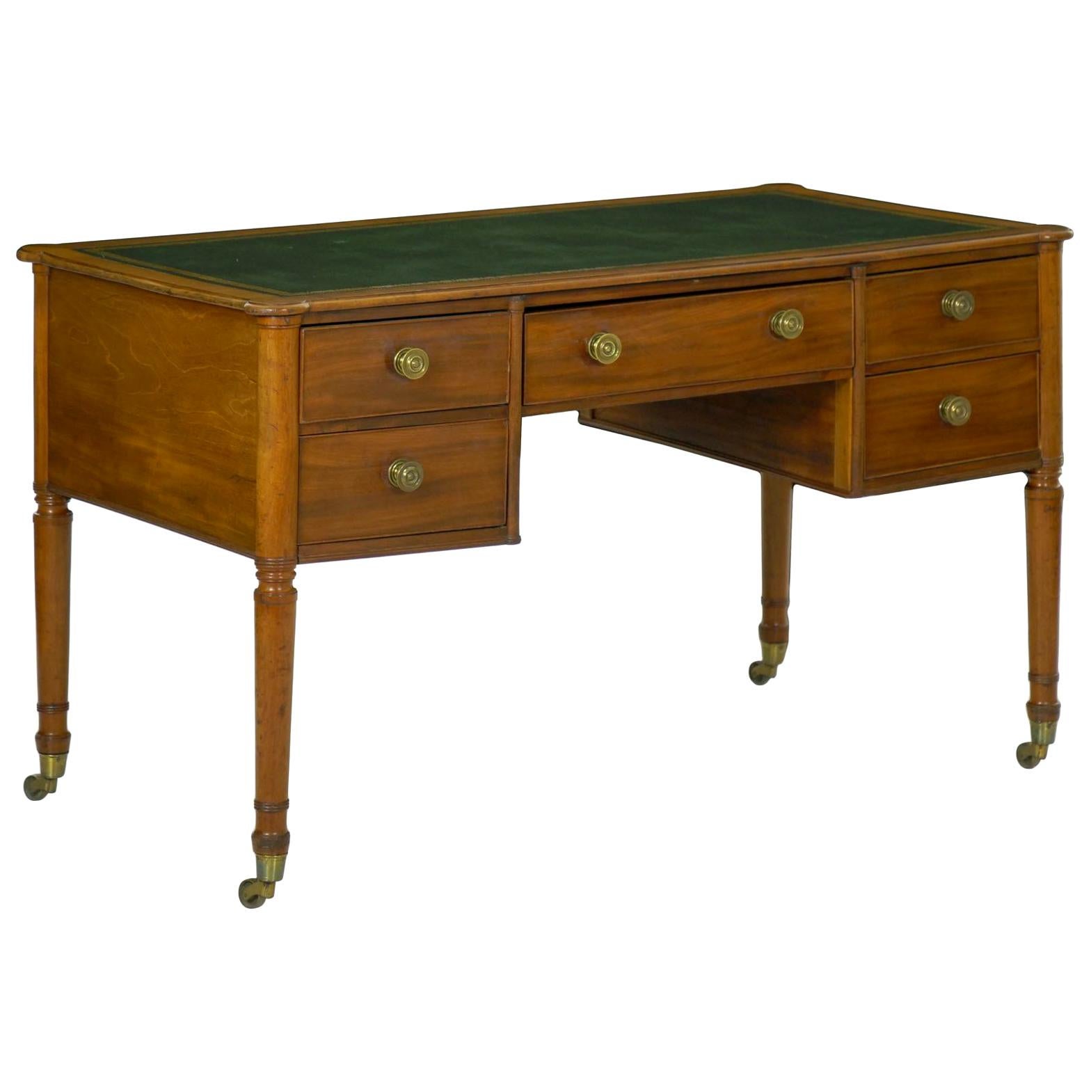 19th Century English Regency Antique Mahogany & Green Leather Writing Desk Table