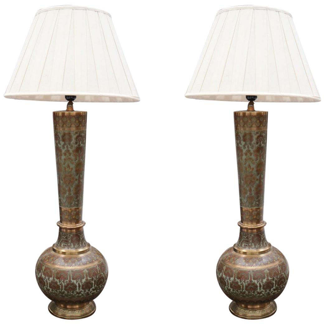 1930s Pair of Turkish Brass Enameled Flower Decorated Table Lamps