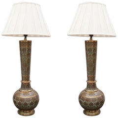 1930s Pair of Turkish Brass Enameled Flower Decorated Table Lamps