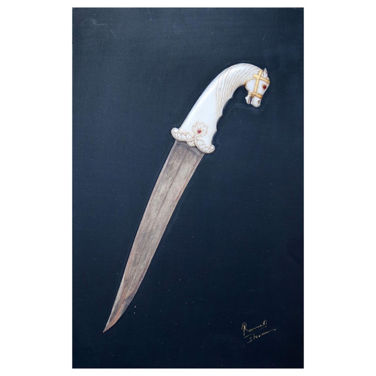 1985 Indian Artist Hyperrealist Relief Painting of a Dagger Using Gold
