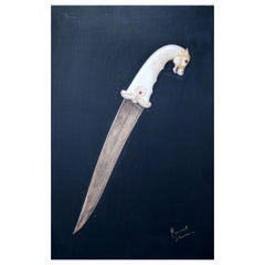 1985 Indian Artist Hyperrealist Relief Painting of a Dagger Using Gold Gilding