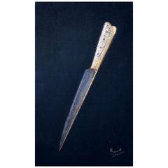 Retro 1985 Indian Artist Hyperrealist Relief Painting of a Dagger Using Gold Gilding