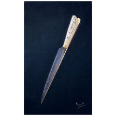 1985 Indian Artist Hyperrealist Relief Painting of a Dagger Using Gold Gilding