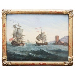 19th Century French Marine Signed Oil on Wood Painting with Two Galleons