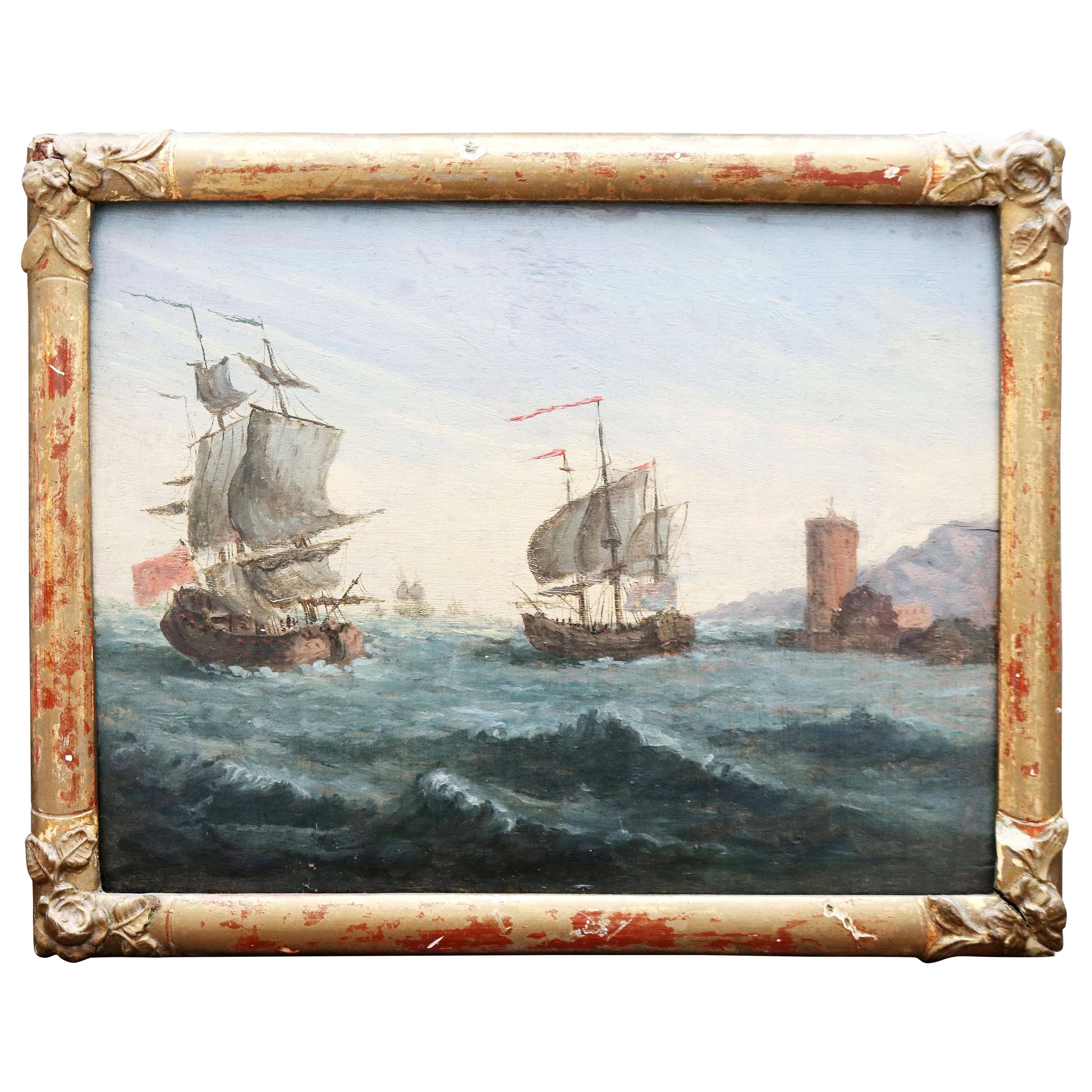Peinture à l'huile sur bois du 19ème siècle représentant deux gallons, signée par la marine française en vente