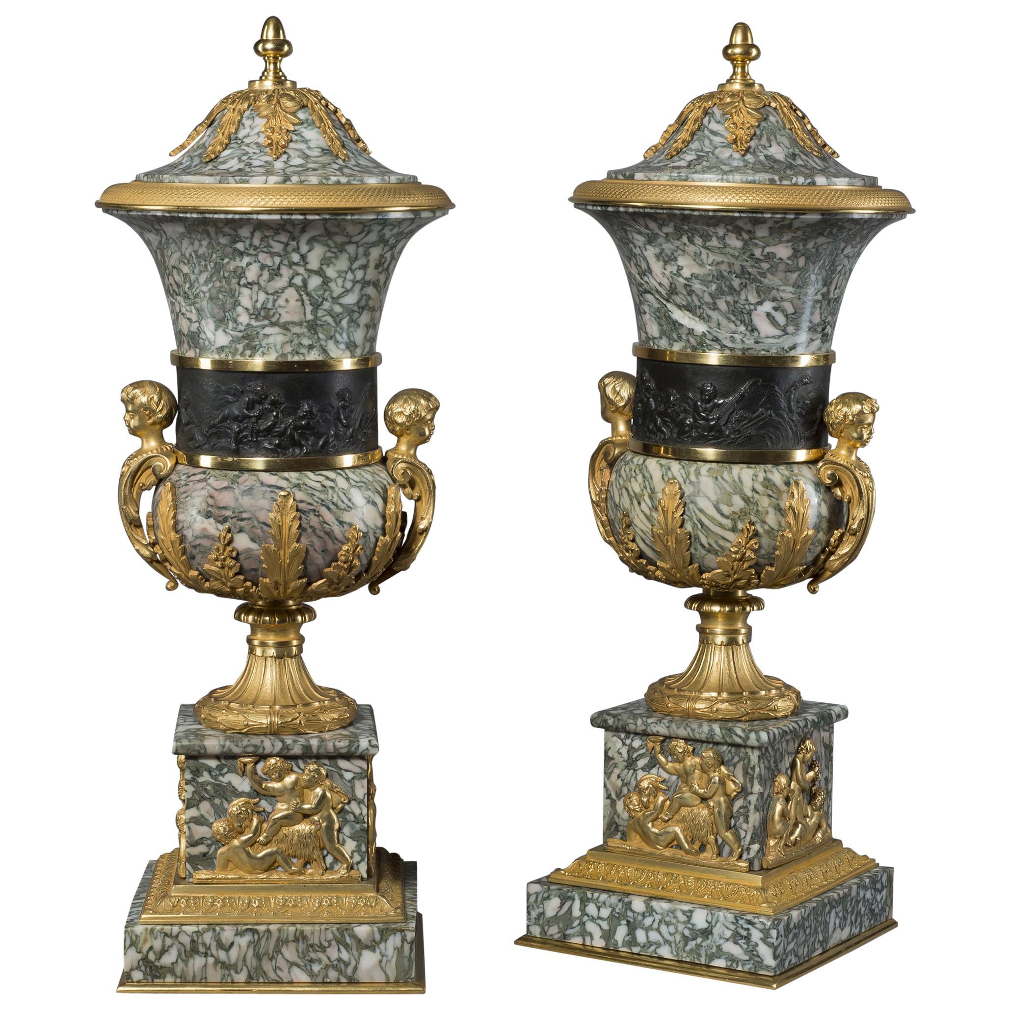 Pair of Verde Chassagne Marble Vases and Covers, circa 1890 For Sale
