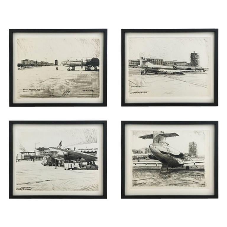 Set of Four Charcoal Drawings Building of the Newly Build Airport Vienna, 1959 For Sale