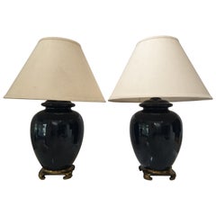 Vintage Pair of Ceramic Cobalt Blue Glazed Table Lamps