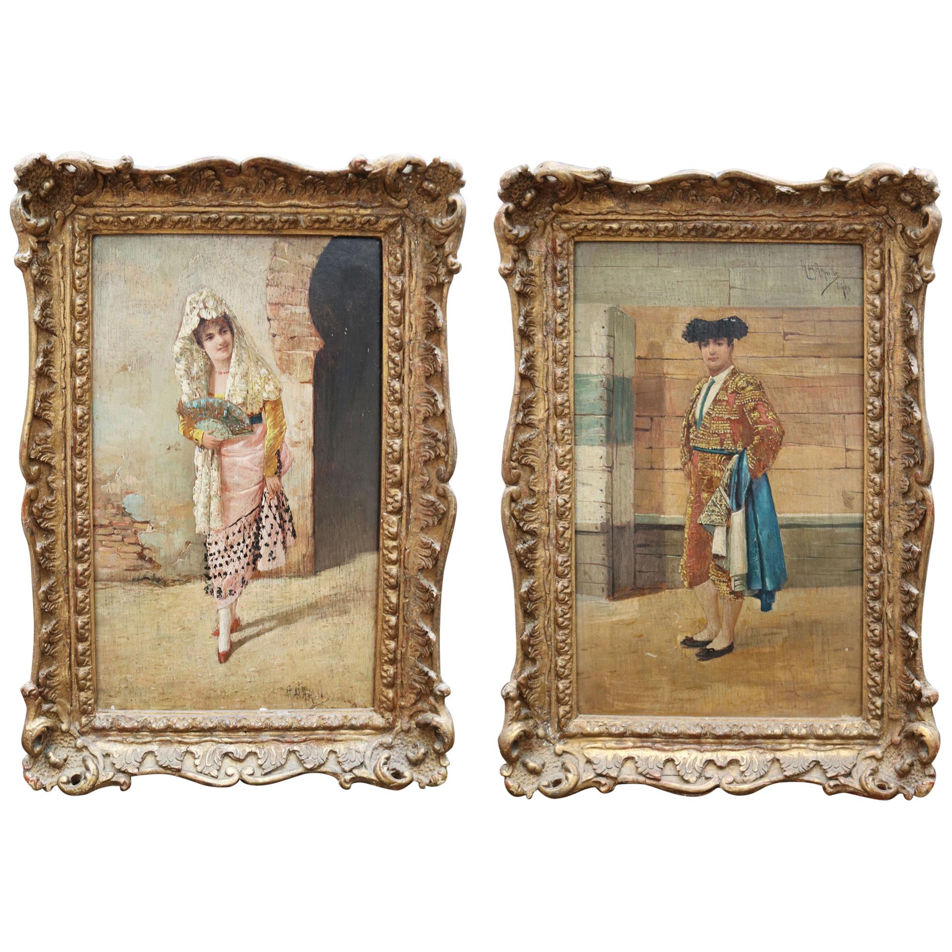 19th Century Spanish Andalusian Pair of Paintings by A. del Aguila