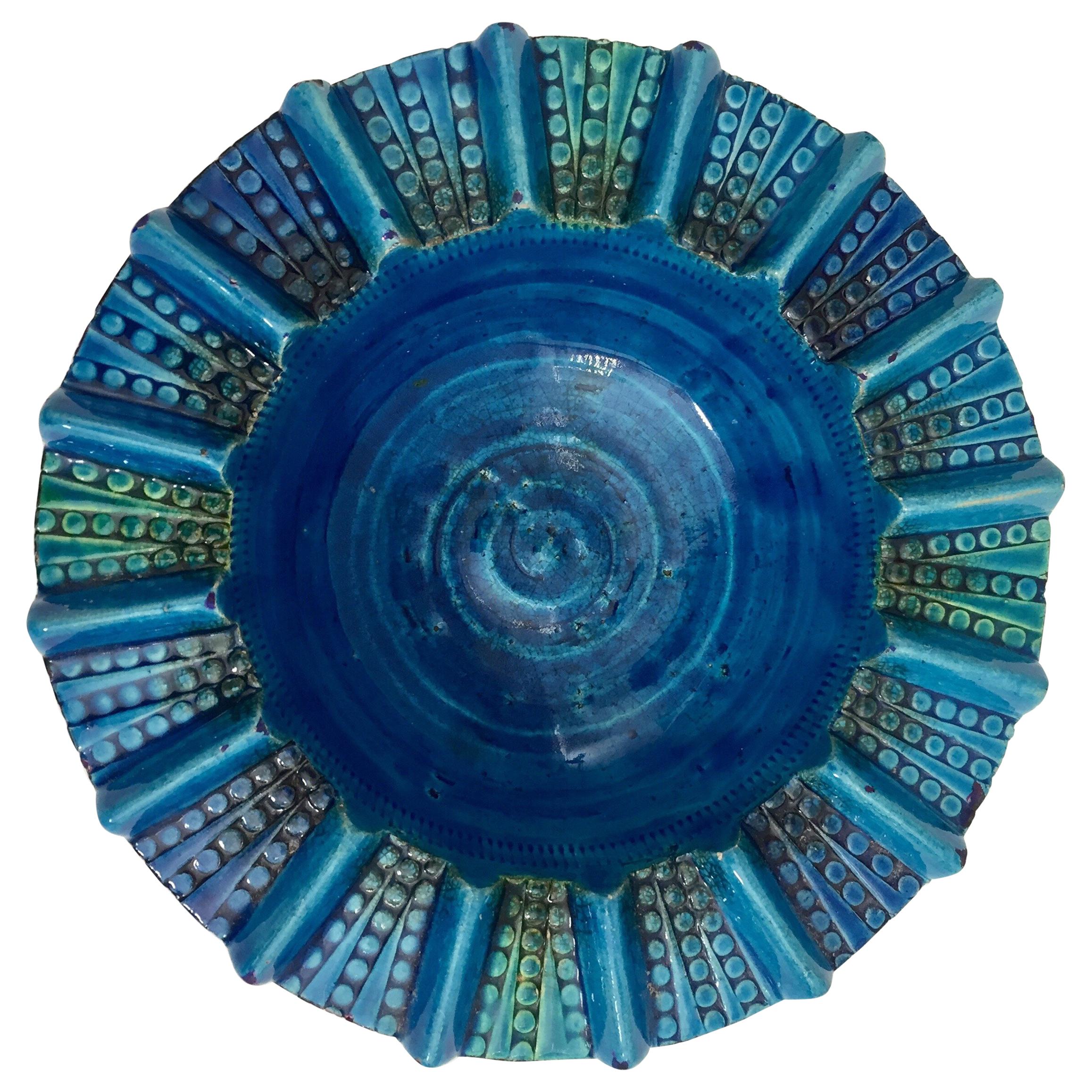 Cenicero vintage de cerámica azul hecho a mano en Italia por Aldo Londi 1950