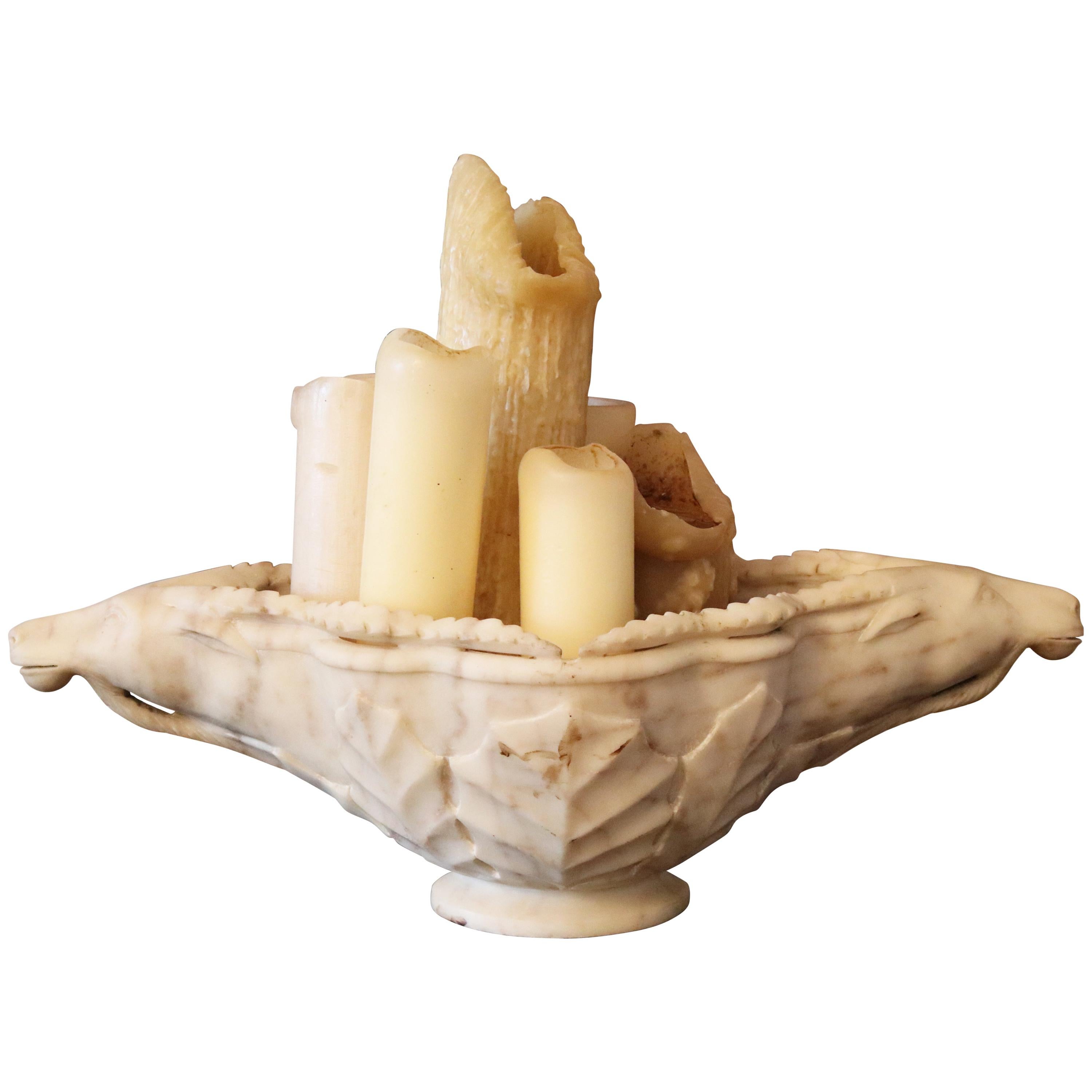 19th Century Hand Carved White Marble Conch Bowl with Goat Heads For Sale