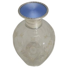 Antique English Perfume Bottle, Sterling Silver and Guilloche Enamel Top, 1909