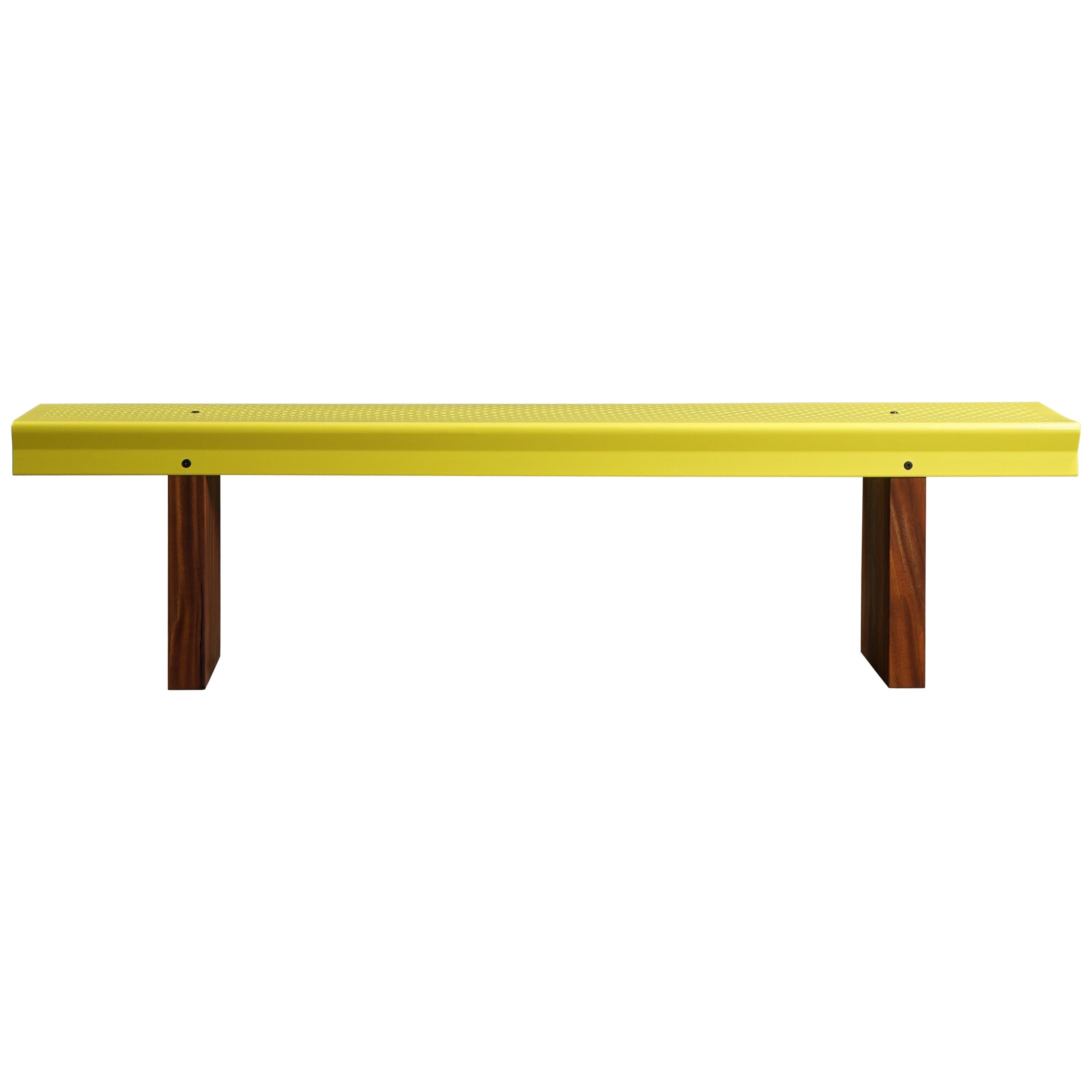 Bench, Yellow Coated Metal, Mahogany Legs, Designed and Made by Max Frommeld For Sale