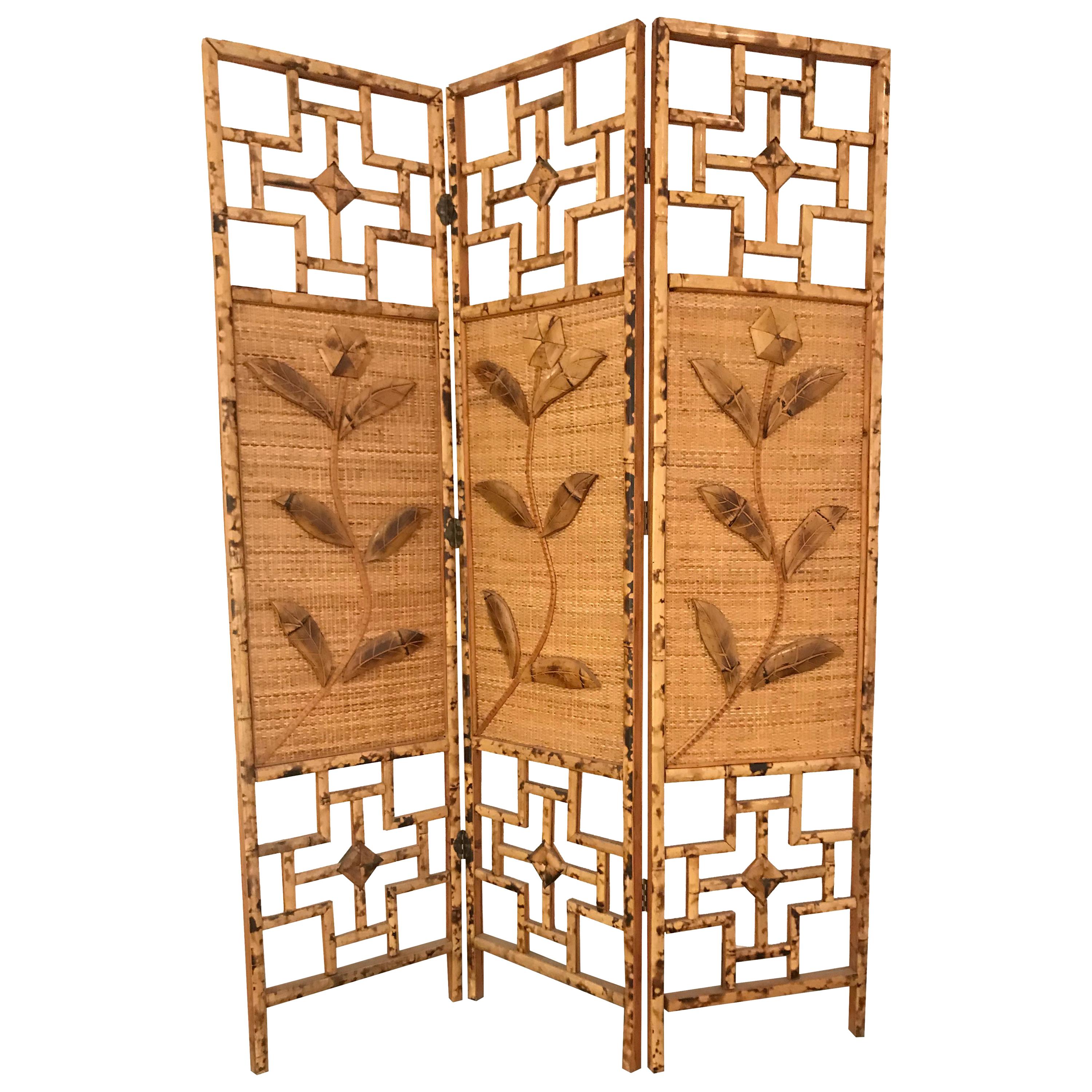 1970s French Riviera Three Panelled Rattan and Bamboo Screen / Room Divider