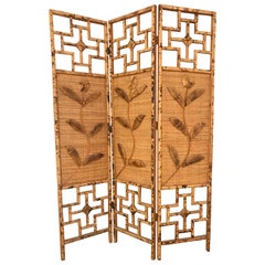 Vintage 1970s French Riviera Three Panelled Rattan and Bamboo Screen / Room Divider