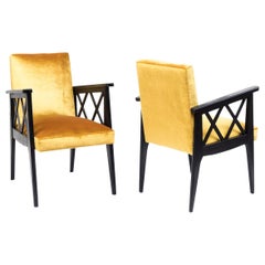 Pair of Black Lacquered Art Deco Style Armchairs with Yellow Velvet, 1980s