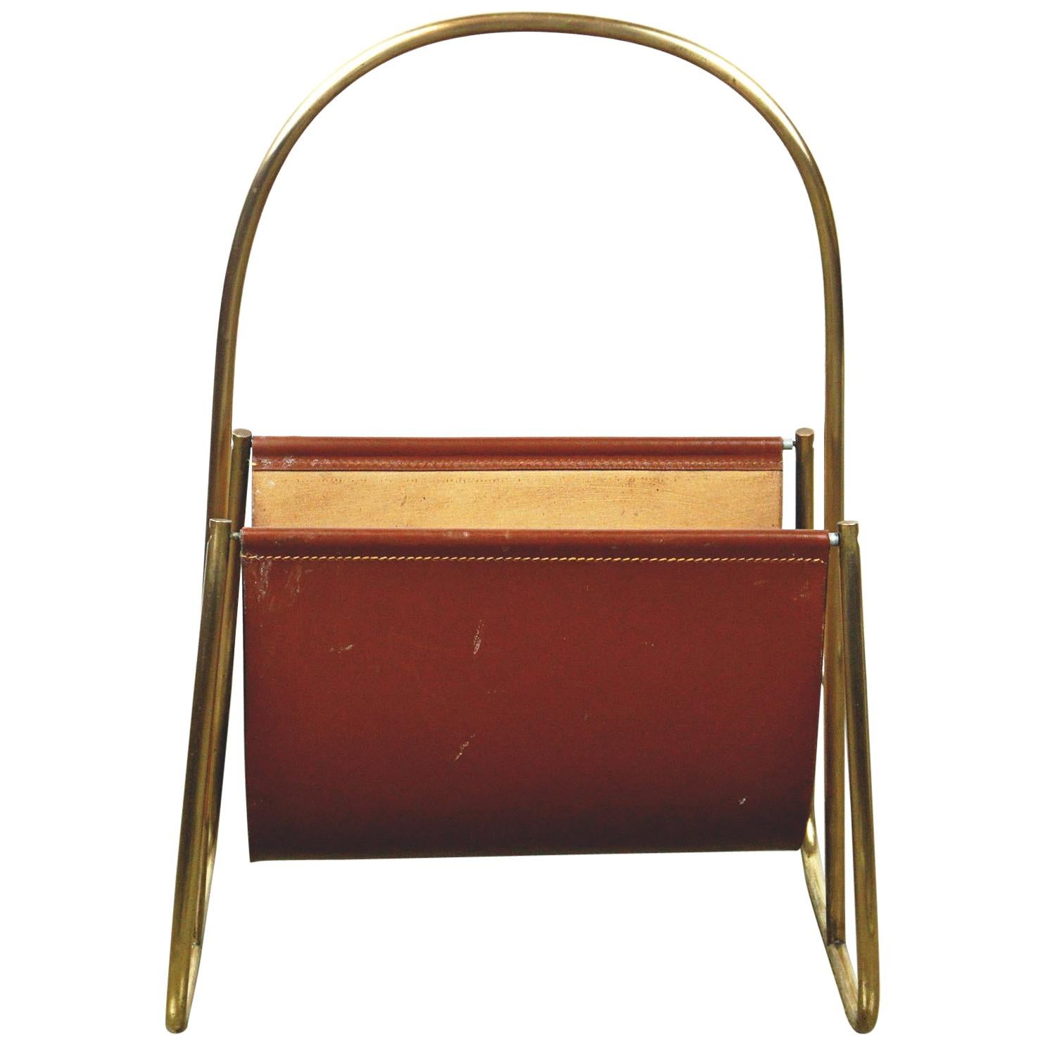 Austrian Midcentury Leather and Brass Magazine Rack by Carl Auböck at