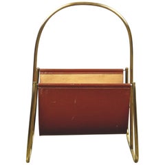 Austrian Midcentury Leather and Brass Magazine Rack by Carl Auböck