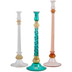 Vintage Huge 26" Seguso Vetri d'Arte Italian Trio of Murano Glass Candlestick Holders