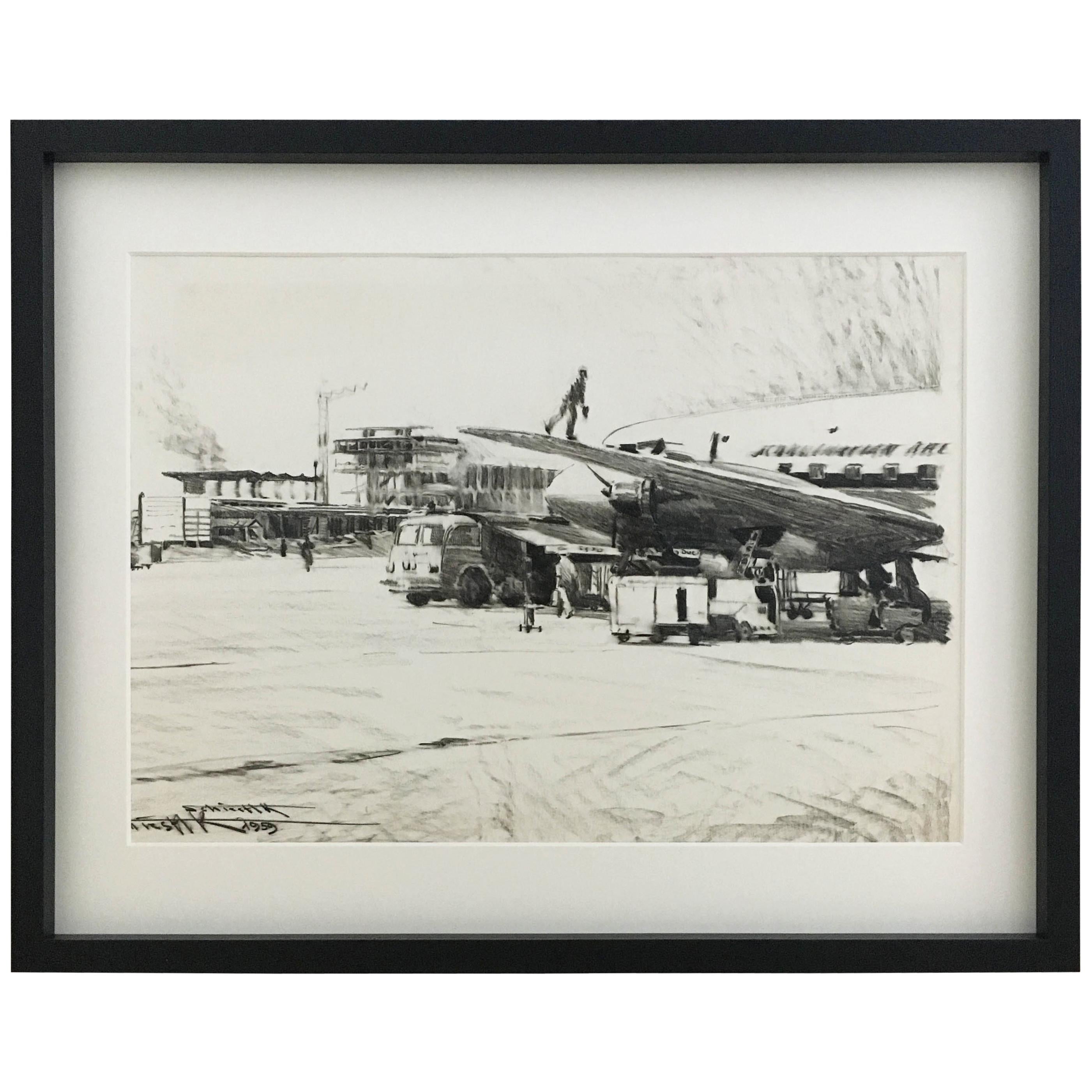 Charcoal Drawing Airport Vienna 1959, Drawing #4 For Sale
