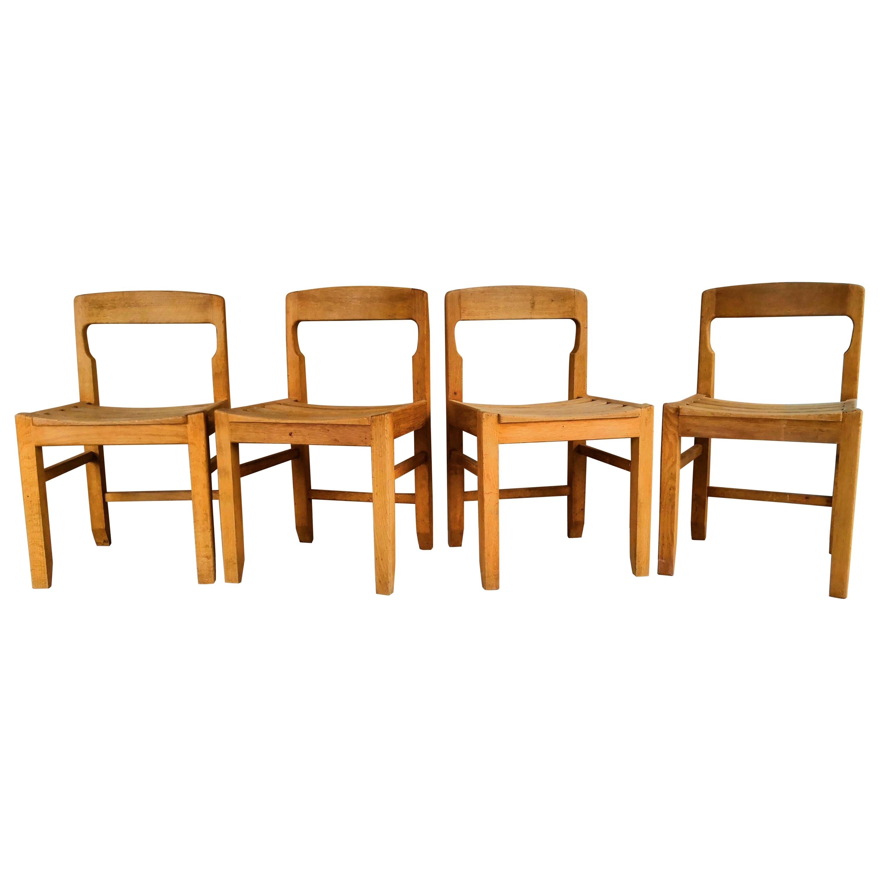 Rare Set of Four Solid French Oak Chairs by Guillerme & Chambron, France, 1960s