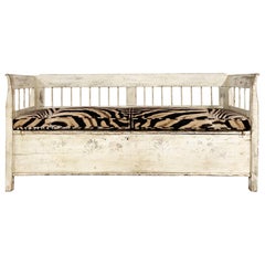 Antique Painted Swedish Bench with Custom Zebra Hide Cushion