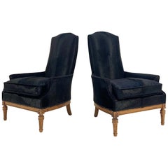Traditional High Back Armchairs Restored in Brazilian Cowhide, Pair
